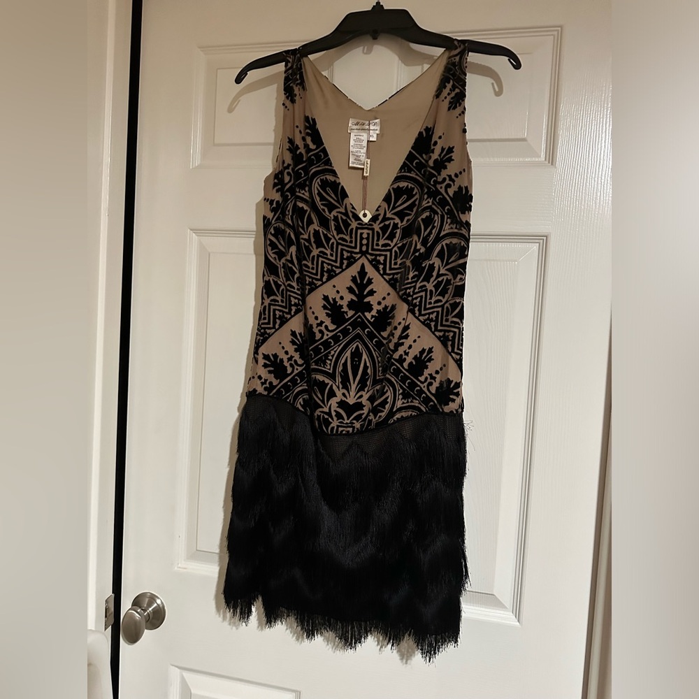 Silk Rayon mini, flattering a line style, cut velvet upper, fringe trim bottom